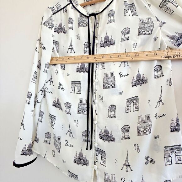 Talbots White and Black Paris Pop Over Top women Size S Button tie Quiet Luxury - Picture 4 of 10